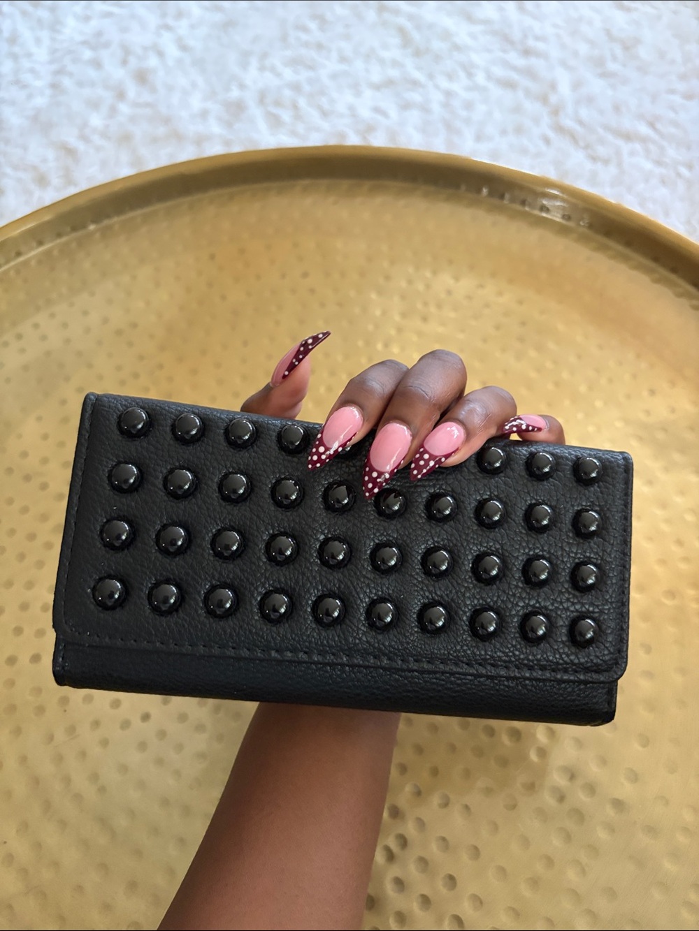 Black Studded Leather Wallet Clutch
